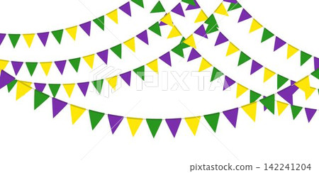Mardi Gras traditional flag garland. Triangle pennants chain. Party pennants, window or wall decoration decoration. Celebration flags for decor Mardi Gras traditional flag garland. Triangle pennants chain. Party pennants, window or wall decoration decoration. Celebration flags for decor 142241204
