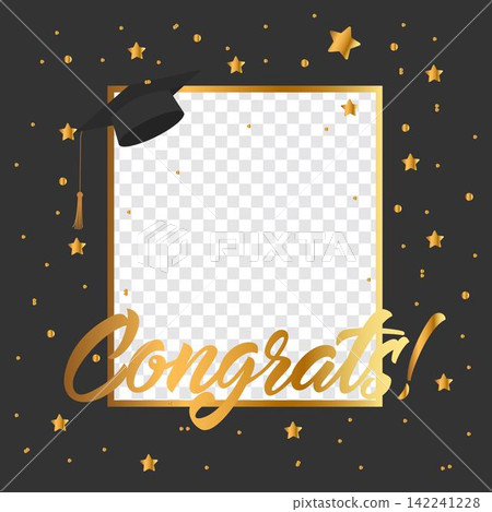 Photo frame for graduation with cap, stars and confetti. Congratulations graduates concept with black and gold lettering Photo frame for graduation with cap, stars and confetti. Congratulations graduates concept with black and gold lettering 142241228