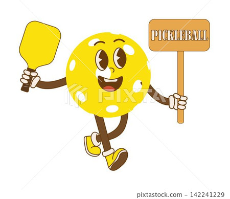Pickleball cartoon character with racket, for any business especially making posters, flyers, stickers, memes, etc. Isolated on white background.Vector illustration Pickleball cartoon character with racket, for any business especially making posters, flyers, stickers, memes, etc. Isolated on white background.Vector illustration 142241229