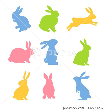 Rabbit in different positions clipart set. Easter bunny colorful silhouette collection. Isolated 142241237