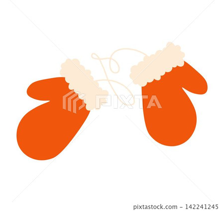 Red Christmas mittens with ornament and rope. Traditional winter clothes, knit mittens for cold season Red Christmas mittens with ornament and rope. Traditional winter clothes, knit mittens for cold season 142241245