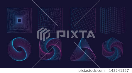 Set of abstract shapes and grids in trendy neon color. Trendy retro 1980s, 90s style Set of abstract shapes and grids in trendy neon color. Trendy retro 1980s, 90s style 142241337