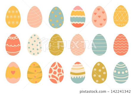 Set of cute colorful Easter eggs with patterns. Traditional religious Easter symbols. Decorative elements collection Set of cute colorful Easter eggs with patterns. Traditional religious Easter symbols. Decorative elements collection 142241342