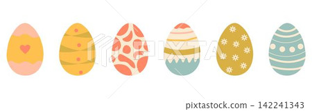 Set of cute colorful Easter eggs with patterns. Traditional religious Easter symbols. Decorative elements collection 142241343
