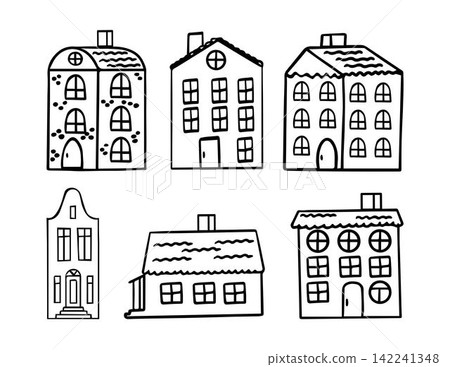 Set of doodle cute houses. Suitable for print, postcard, sketchbook cover, poster, stickers, your design. Black outlines Set of doodle cute houses. Suitable for print, postcard, sketchbook cover, poster, stickers, your design. Black outlines 142241348