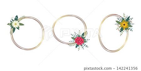 Set of gold circle frame with arrangement. Perfect for wedding invitation cards, luxury templates Set of gold circle frame with arrangement. Perfect for wedding invitation cards, luxury templates 142241356