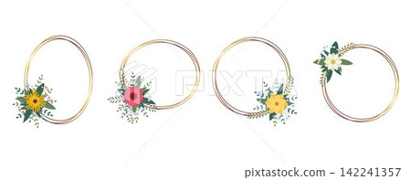 Set of gold circle frame with arrangement. Perfect for wedding invitation cards, luxury templates 142241357