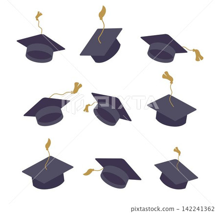 Set of graduation square hat. Education cap collection. Graduation cap isolated on the background 142241362