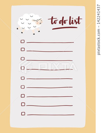 To do list template decorated by cute sheep. Cute design of schedule, daily planner or checklist. Vector hand-drawn illustration. Perfect for planning, notes and self-organization. To do list template decorated by cute sheep. Cute design of schedule, daily planner or checklist. Vector hand-drawn illustration. Perfect for planning, notes and self-organization. 142241437