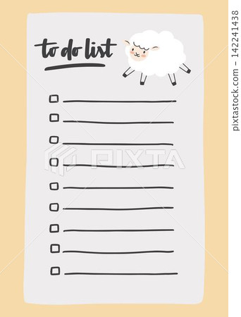 To do list template decorated by cute sheep. Cute design of schedule, daily planner or checklist. Vector hand-drawn illustration. Perfect for planning, notes and self-organization. To do list template decorated by cute sheep. Cute design of schedule, daily planner or checklist. Vector hand-drawn illustration. Perfect for planning, notes and self-organization. 142241438