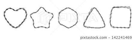 Set of barbed wire frames with different shapes. Concept of protection, danger or security. Hand drawn in sketch style Set of barbed wire frames with different shapes. Concept of protection, danger or security. Hand drawn in sketch style 142241469