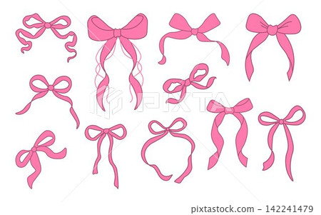 Set of pink bows. Bowknots for hair decor. Trendy girls hair braiding accessories Set of pink bows. Bowknots for hair decor. Trendy girls hair braiding accessories 142241479