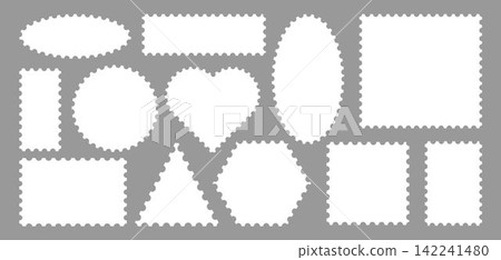 Set of postcard stamps template. Mockup postage stamps.Jagged wavy edge forms Set of postcard stamps template. Mockup postage stamps.Jagged wavy edge forms 142241480