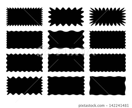 Set of rectangle shape frames with zigzag edge. Uneven zigzag rectangular shapes. Jagged rectangle. Isolated elements for design of text box, badge, banner 142241481