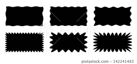 Set of rectangle shape frames with zigzag edge. Uneven zigzag rectangular shapes. Jagged rectangle. Isolated elements for design of text box, badge, banner Set of rectangle shape frames with zigzag edge. Uneven zigzag rectangular shapes. Jagged rectangle. Isolated elements for design of text box, badge, banner 142241483