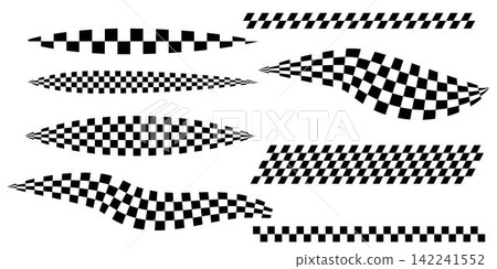 Set of Race flag lines . Black and white checker finish ribbon. Car race grid pattern. Rally border texture. checker lines. Chess graphic design element. Vector illustration isolated on white 142241552