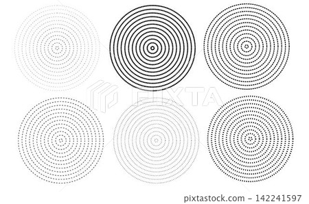 Black concentric circle set. Vector line and halftone symbols. Sonar or sound wave ring collection.  Ripple radial signal or vibration elements. Dotted and linear epicentre, target, radar icon 142241597