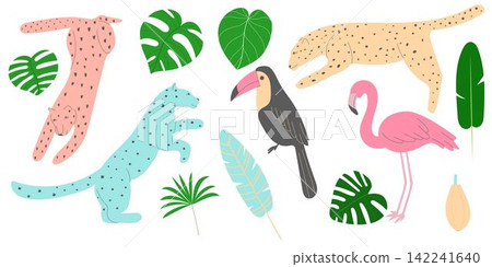 Exotic tropical leaves, leopards, flamingo, tukan and wild animals, birds, jungle plants, palm trees, monstera leaves. Set of vector jungle stickers in cartoon retro style Exotic tropical leaves, leopards, flamingo, tukan and wild animals, birds, jungle plants, palm trees, monstera leaves. Set of vector jungle stickers in cartoon retro style 142241640