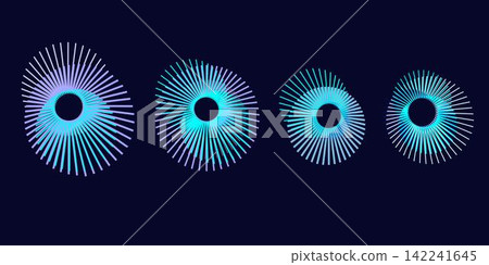 Sound waves in circular forms, linked with audio music, blue, white round voice icons, logos for equalizers, radial spectrums, rings. Flat vector illustrations isolated Sound waves in circular forms, linked with audio music, blue, white round voice icons, logos for equalizers, radial spectrums, rings. Flat vector illustrations isolated 142241645