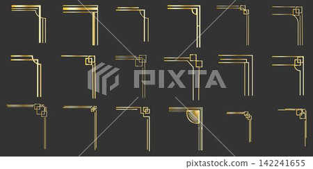 Vintage golden art deco corner set. Vector gold geometric template in style of 1920s, artdeco corners for borders and frames Vintage golden art deco corner set. Vector gold geometric template in style of 1920s, artdeco corners for borders and frames 142241655