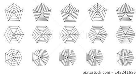 Pentagon and hexagon chart , for 5, 6, 7 point radar or spider diagrams. for visualizing data with structured graph approach. Flat vector illustration isolated on white background. Pentagon and hexagon chart , for 5, 6, 7 point radar or spider diagrams. for visualizing data with structured graph approach. Flat vector illustration isolated on white background. 142241656