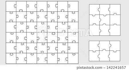 Jigsaw puzzle piece set in different sizes. Collection of templates with outline for game, infographic, educational design. Vector jigsaw picture texture. Kit of Puzzle grid business chains Jigsaw puzzle piece set in different sizes. Collection of templates with outline for game, infographic, educational design. Vector jigsaw picture texture. Kit of Puzzle grid business chains 142241657