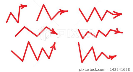 Red arrow icons, right direction symbol, line pointer, zig zag, arrow right direction. Vector flat set arrow Red arrow icons, right direction symbol, line pointer, zig zag, arrow right direction. Vector flat set arrow 142241658