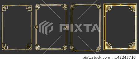 Golden frame set, thin line gold borders in art deco style. Luxury premium vector outline geometric rectangle. Linear decorative banners Golden frame set, thin line gold borders in art deco style. Luxury premium vector outline geometric rectangle. Linear decorative banners 142241716