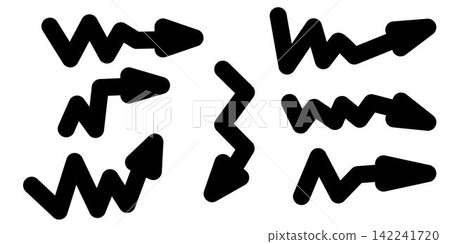 Black arrow icons, right direction symbol, line pointer, zig zag,  arrow right direction. Vector flat set arrow 142241720