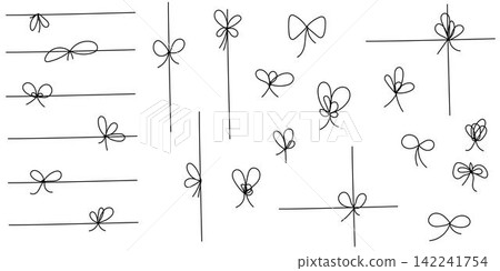 Hand drawn doodle ribbon bows. Elegant holiday packaging, festive present. Outline border sketch. Bow gift line simple element set. Elegant minimal line stroke style. Vector illustration Hand drawn doodle ribbon bows. Elegant holiday packaging, festive present. Outline border sketch. Bow gift line simple element set. Elegant minimal line stroke style. Vector illustration 142241754