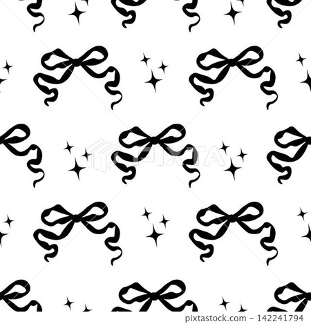 Decorative black bows and stars seamless pattern. Trendy design. Cute feminine romantic background for textile, wallpaper, wrapping Decorative black bows and stars seamless pattern. Trendy design. Cute feminine romantic background for textile, wallpaper, wrapping 142241794