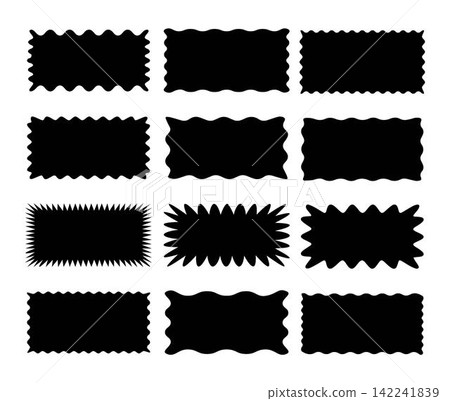 Set of rectangle shape frames with zigzag edge. Uneven zigzag rectangular shapes. Jagged rectangle. Isolated elements for design of text box, badge, banner Set of rectangle shape frames with zigzag edge. Uneven zigzag rectangular shapes. Jagged rectangle. Isolated elements for design of text box, badge, banner 142241839