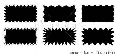 Set of rectangle shape frames with zigzag edge. Uneven zigzag rectangular shapes. Jagged rectangle. Isolated elements for design of text box, badge, banner Set of rectangle shape frames with zigzag edge. Uneven zigzag rectangular shapes. Jagged rectangle. Isolated elements for design of text box, badge, banner 142241843