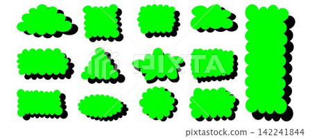 Set of scallop edge frames. Colored text box with frill. Blank speech bubbles in Y2K, groovy, retro style Set of scallop edge frames. Colored text box with frill. Blank speech bubbles in Y2K, groovy, retro style 142241844