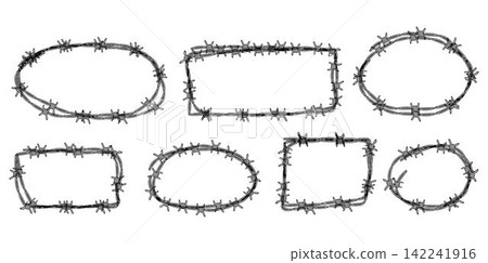 Set of barbed wire frames with different shapes. Concept of protection, danger or security. Hand drawn in sketch style Set of barbed wire frames with different shapes. Concept of protection, danger or security. Hand drawn in sketch style 142241916