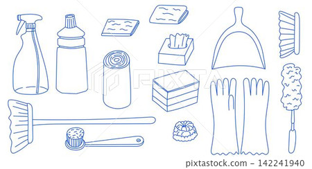 Set of outline doodle cleaning equipment. household chemicals, towel, brush and gloves. Hand drawn laundry vector illustrations. Housework icon collection Set of outline doodle cleaning equipment. household chemicals, towel, brush and gloves. Hand drawn laundry vector illustrations. Housework icon collection 142241940