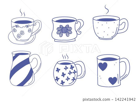 Hand drawn hot drinks set. Doodle coffee cups in blue. Coffee, tea.Vector illustration Hand drawn hot drinks set. Doodle coffee cups in blue. Coffee, tea.Vector illustration 142241942