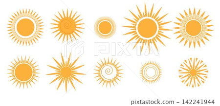 Orange doodle sun, icons set in doodle style. Sunset simple graphic symbols. Summer heat icons. Vector illustration Orange doodle sun, icons set in doodle style. Sunset simple graphic symbols. Summer heat icons. Vector illustration 142241944