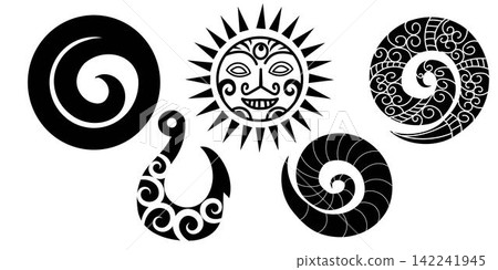 Set maori ekement, koru, sun, hook, vector flat. Polynesian style koru spiral swirls. Traditional New Zealand Maori art, minimalist style icon or logo. Vector illustration 142241945