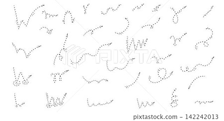 Manga and comic arrow design elements.Bounce dotted effect arrows doodle set. Jump dot trajectory, ball motion expression. Vector illustration, line art Manga and comic arrow design elements.Bounce dotted effect arrows doodle set. Jump dot trajectory, ball motion expression. Vector illustration, line art 142242013