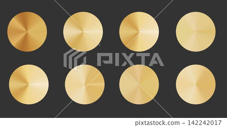 Set of golden radiant circle form, flat vector. Polished metal radial gradient palette. gold color circle effect. Holographic steel texture background. Set of golden radiant circle form, flat vector. Polished metal radial gradient palette. gold color circle effect. Holographic steel texture background. 142242017