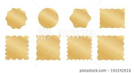 Set of golden square, circle stickers with wavy borders. Shining gradient gold labels, badges, price tags or coupons wiggly shapes isolated on white background. Vector flat illustration Set of golden square, circle stickers with wavy borders. Shining gradient gold labels, badges, price tags or coupons wiggly shapes isolated on white background. Vector flat illustration 142242018