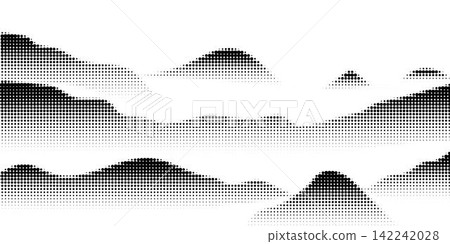 Grayscale vector halftone dots background with a fading dot effect, resembling a abstract mountain landscape. Black noise dots, a gradient grain effect 142242028