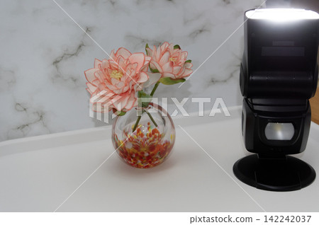 Lighting test for strobe photography of a spherical glass vase with a single flower. Lighting test for strobe photography of a spherical glass vase with a single flower. 142242037