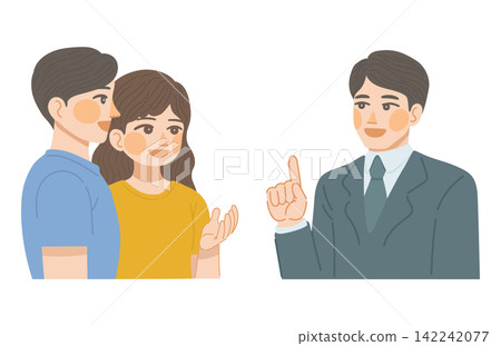 插圖展示了一名男性顧客、一名女性顧客和一名男性銷售代表面帶微笑地交談。 插圖展示了一名男性顧客、一名女性顧客和一名男性銷售代表面帶微笑地交談。 142242077