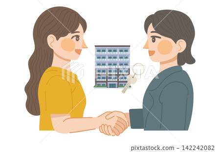 An illustration showing a real estate transaction for an apartment being completed, with a female client and a female sales representative shaking hands. An illustration showing a real estate transaction for an apartment being completed, with a female client and a female sales representative shaking hands. 142242082