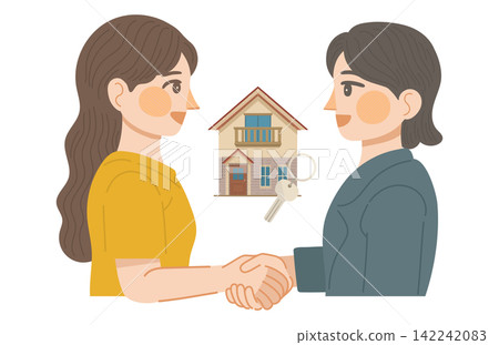 An illustration showing a real estate transaction for a detached house being completed, with a female customer and a female sales representative shaking hands. An illustration showing a real estate transaction for a detached house being completed, with a female customer and a female sales representative shaking hands. 142242083