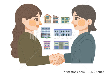 An illustration of two real estate agents shaking hands. An illustration of two real estate agents shaking hands. 142242084
