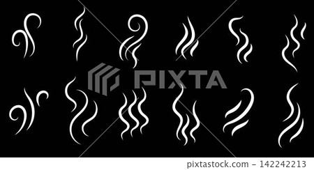 Smoke smell, steam aroma icon vector logo set Vector flat illustration. Hot vapor fire doodle line logo. Hit stink, coffee, fragrance flame elements. Smoke smell, steam aroma icon vector logo set Vector flat illustration. Hot vapor fire doodle line logo. Hit stink, coffee, fragrance flame elements. 142242213