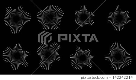 Sound waves in circular forms, linked with audio music, white round voice icons, logos for equalizers, radial spectrums, rings. Flat vector illustrations isolated Sound waves in circular forms, linked with audio music, white round voice icons, logos for equalizers, radial spectrums, rings. Flat vector illustrations isolated 142242214